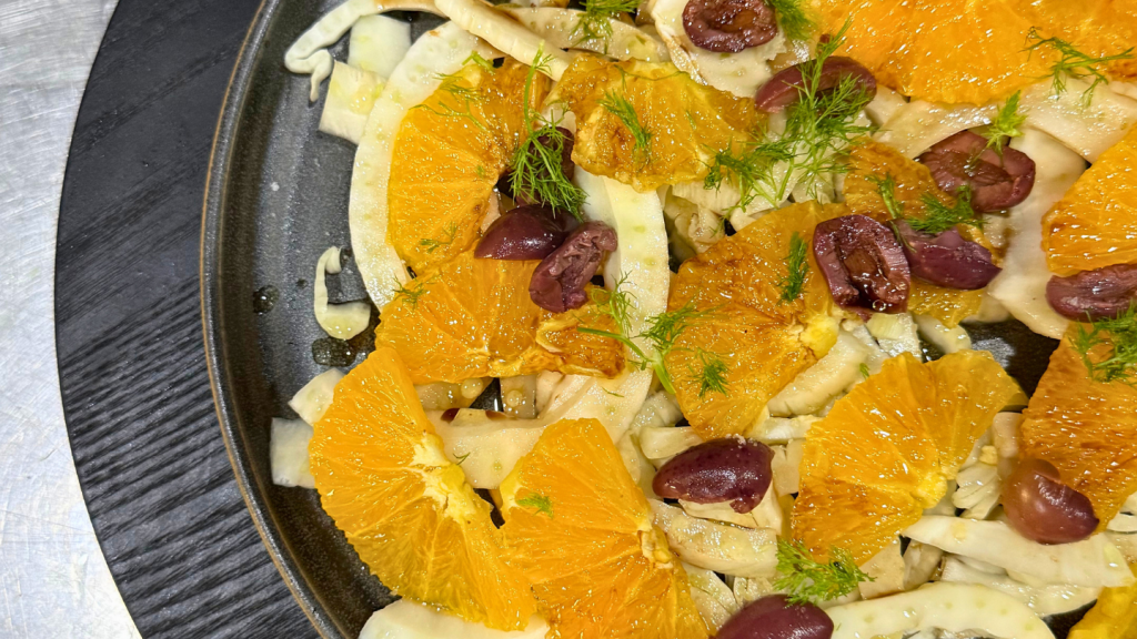 Sicilian fennel and orange salad with shaved fennel, fresh orange and optional Kalamata olives