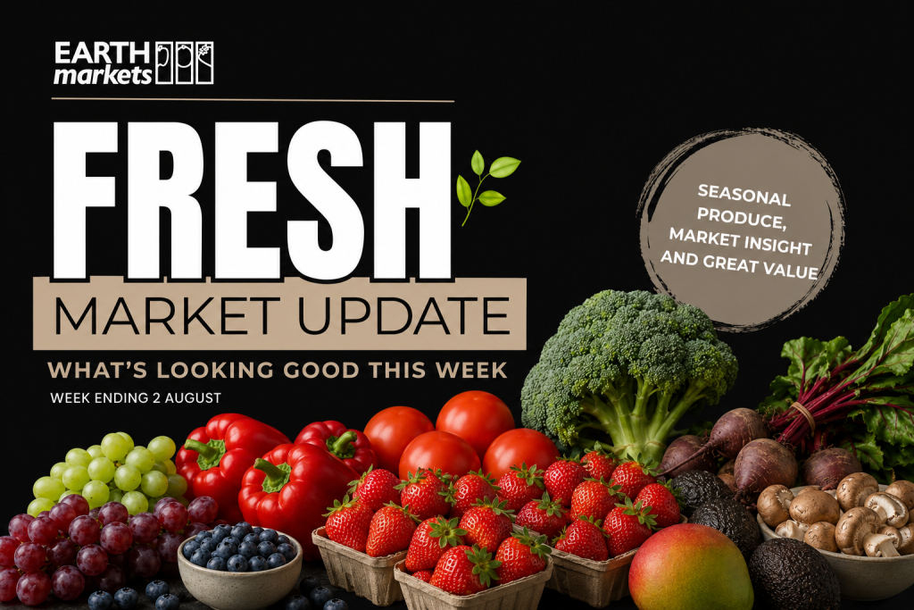 Earth Markets Fresh Market Update for the week ending 2 August, featuring seasonal fruit and vegetables including broccoli, tomatoes, capsicum, strawberries and beetroot.