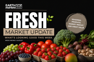 Earth Markets Fresh Market Update for the week ending 2 August, featuring seasonal fruit and vegetables including broccoli, tomatoes, capsicum, strawberries and beetroot.