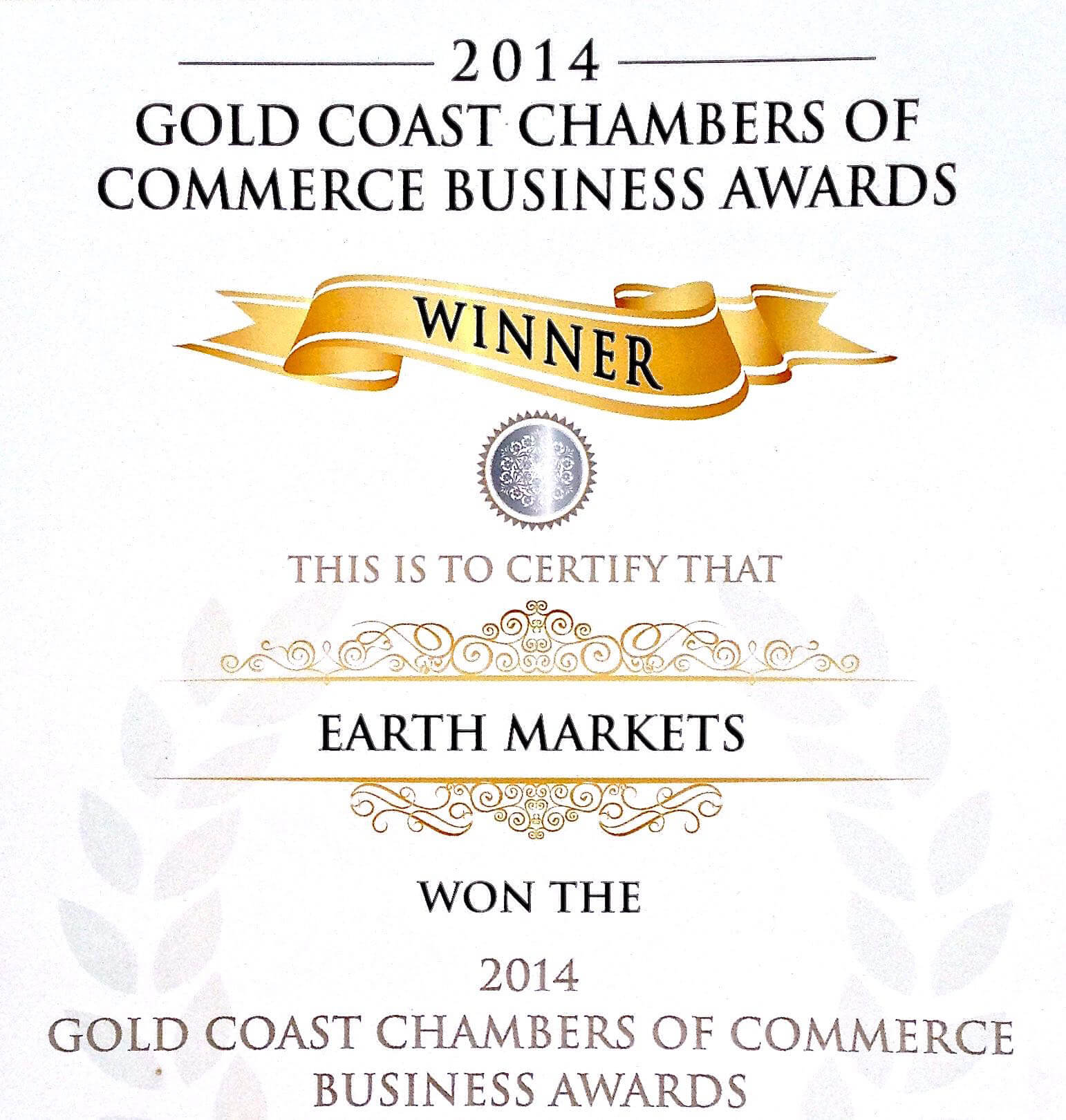 Earth Markets Wins Gold Coast Chambers of Commerce Business Award